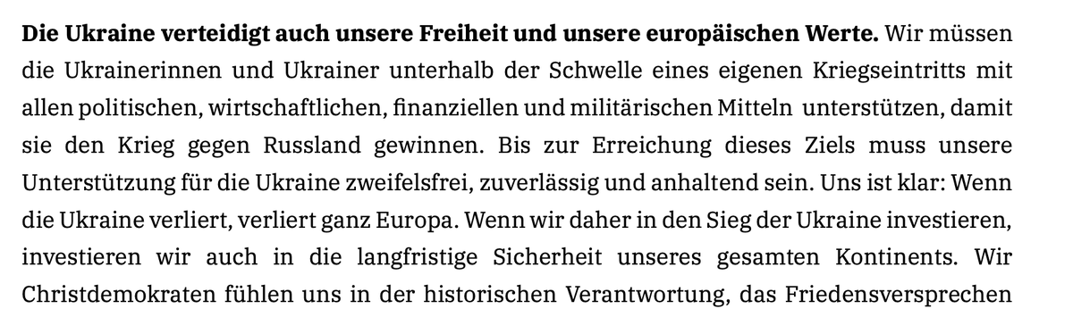 +++'Ukraine muss den Krieg gegen Russland gewinnen.' @CDU Vorstand stellt sich im Leitantrag zum #cdupt24 zweifelsfrei hinter die #Ukraine und fordert #Drittstaaten Regelung beim Asyl. Außerdem: Debatte um #Wehrpflicht dürfte spannender werden als die um @_FriedrichMerz  😀