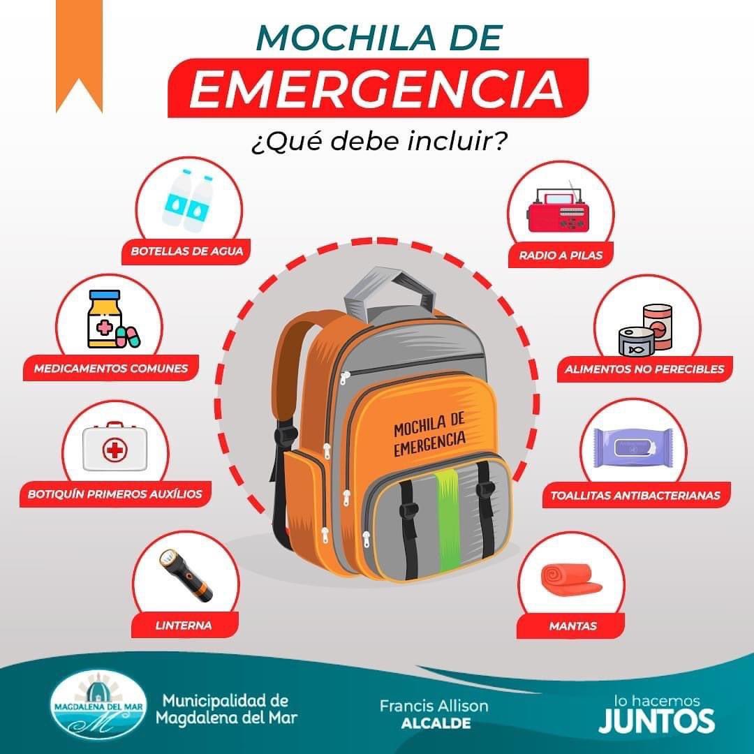 𝗠𝗢𝗖𝗛𝗜𝗟𝗔 𝗗𝗘 𝗘𝗠𝗘𝗥𝗚𝗘𝗡𝗖𝗜𝗔. 🚨Ten siempre lista tu mochila para casos de emergencias. Recuerda que debe contener todo lo necesario para afrontar las horas siguientes de posibles desastres naturales.🚨 #MagdalenaDelMar #FrancisAllisonAlcalde #LoHacemosJuntos