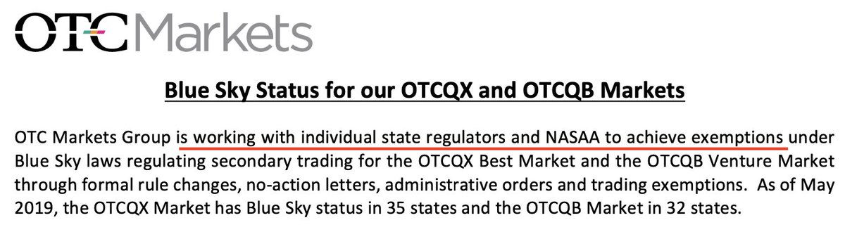 Reminder: Blue Sky laws are designed to protect investors from securities fraud by regulating the offering and sale of securities within a particular state.
I can't understand why the @OTCMarkets (hi Cromwell) with such high standards of integrity and transparency, would seek…