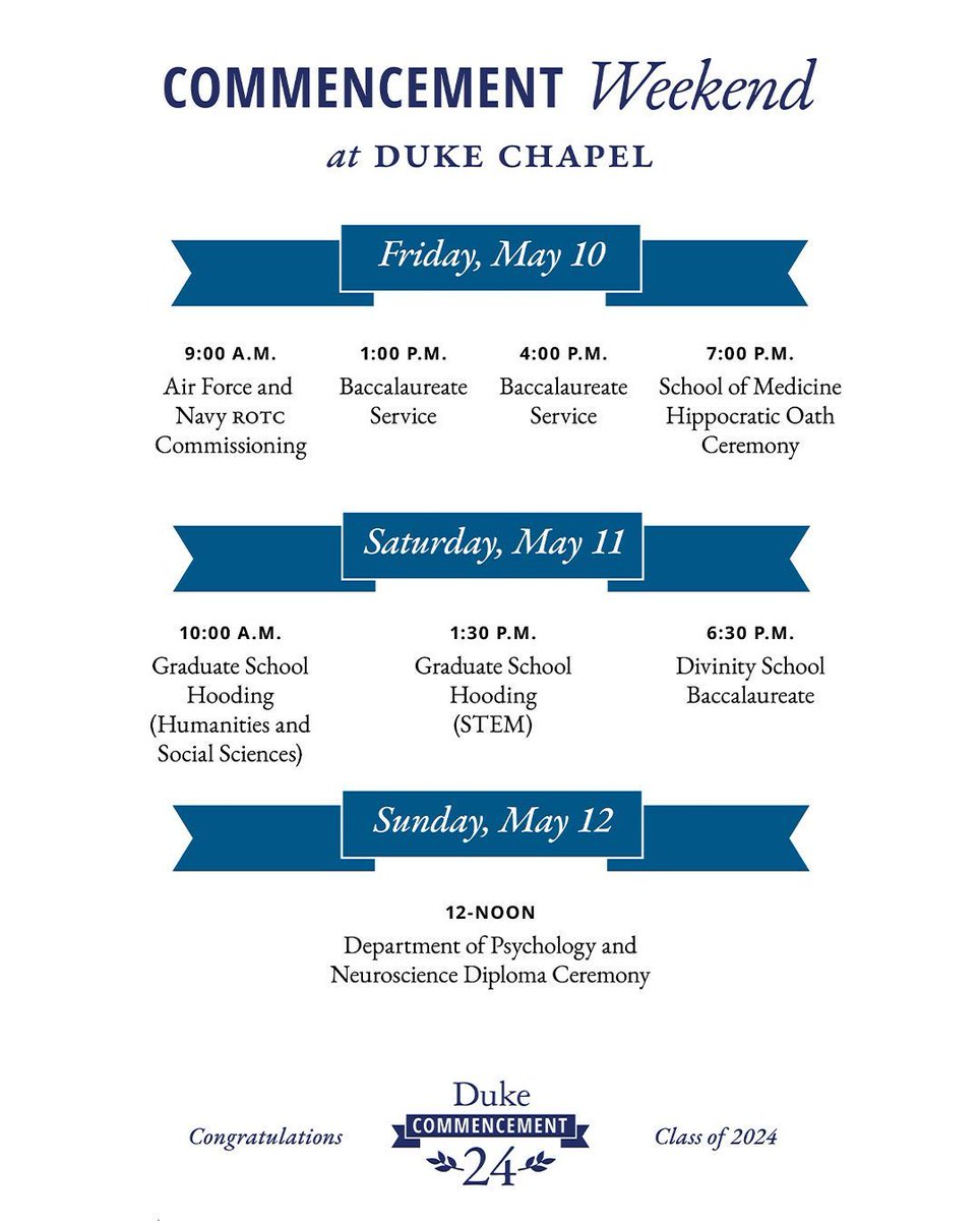 We look forward to celebrating the Class of #Duke2024 during the upcoming Commencement Weekend! See the full schedule here: buff.ly/3UmzVfT