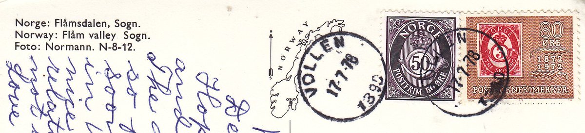 MarjeMolder's tweet photo. This old #souvenir #scenic #postcard from #Norway showing a view of #Flamsdalen #Valley was posted from #Vollen  Norway to Canada 46 years ago in 1978 #deltiology #philately #stamps #timbres #briefmarken #Europe #Scandinavia #tourism many similar PCs but not with same person https://t.co/sw33MJyw06