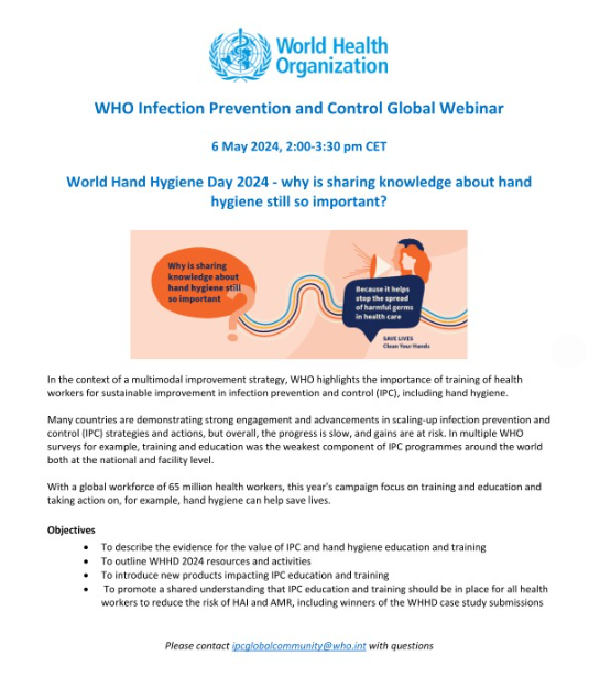 To celebrate the World hashtag#HandHygiene Day, the World Health Organization is hosting a global webinar on 6 May, from 2:00–3:30 pm CET, to discuss the value of IPC and hand hygiene education and training. @ESCMID @WHO who.int/campaigns/worl…