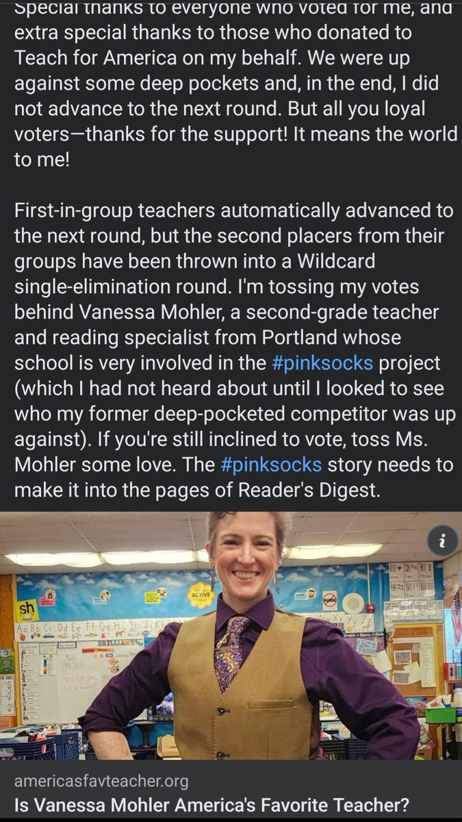 #pinksocks magic at its best! Tony posted on his page about me and how he wants to help me get the story of #pinksocks to @readersdigest Can you click for free vote for me? americasfavteacher.org/2024/vanessa-m…