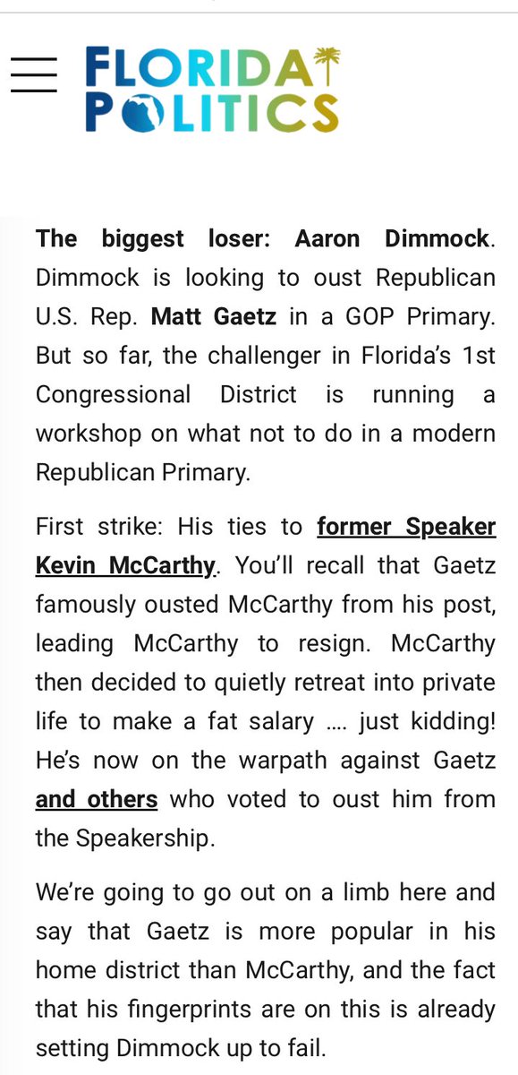 .@Fla_Pol gives my DEI-loving Republican Primary Opponent @aaronwdimmock  “Biggest Loser” this week.

He has been exposed as a drone candidate for Kevin McCarthy’s sad, bitter revenge tour. 

(They aren’t sending their best!)
