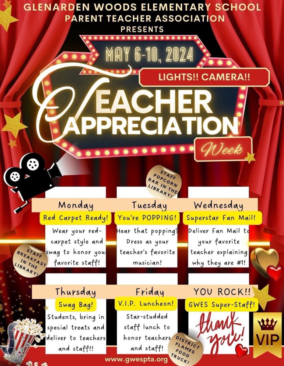 Are you going to be “Red Carpet Ready” in colorful clothes that match your emotion tomorrow??? Get your outfit ready to help us kick off Teacher Appreciation Week! ✨🤩✨@gwes_pta