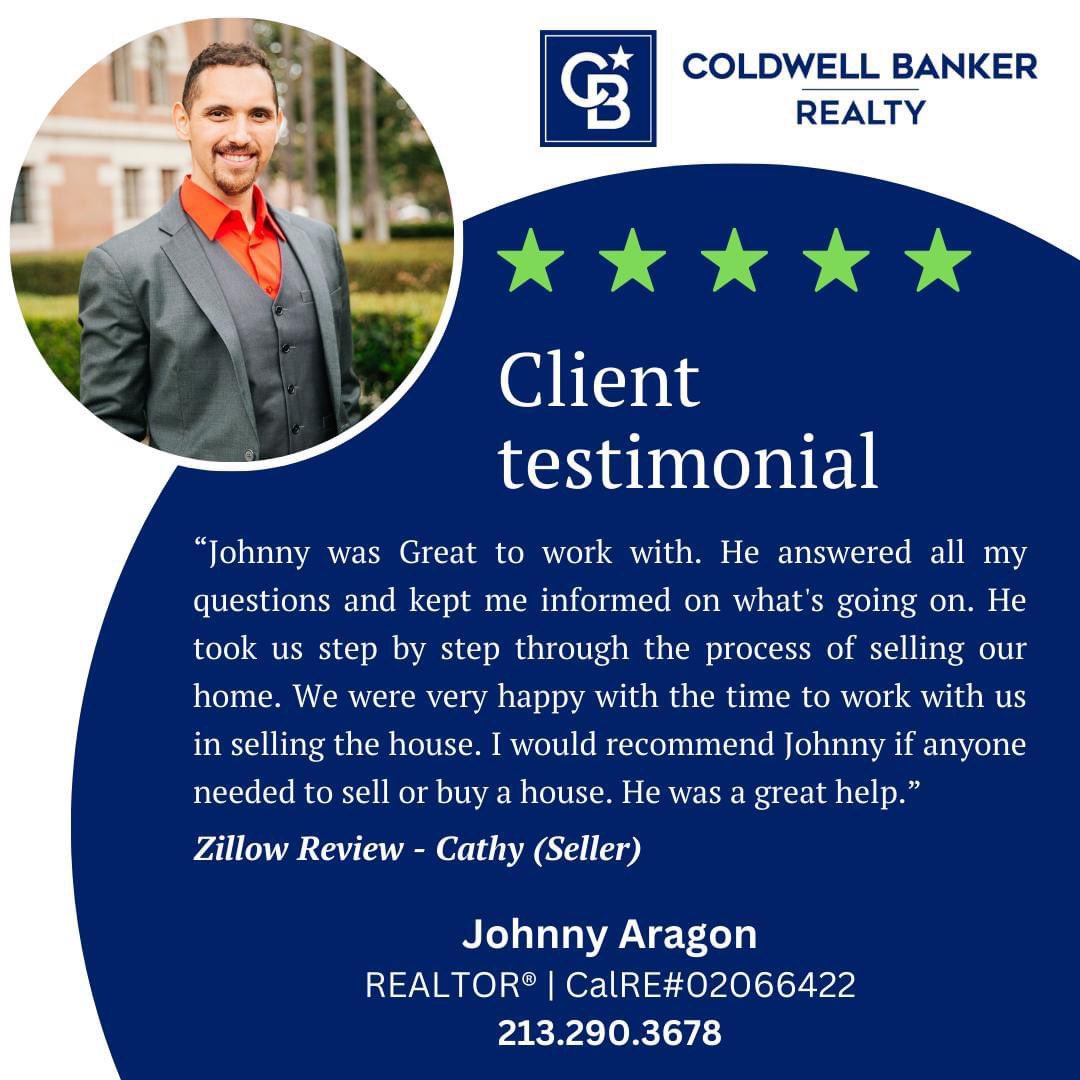 ⭐️ ⭐ ⭐ ⭐ ⭐  Another happy client! Thank you Cathy for your kind words. 🙏

Whether you're buying or selling, I'm available to provide quality service that you can rely on. Drop me a DM or give me a call today to get started! 

🌐 JohnnyAragonHomes.com

#clientreview