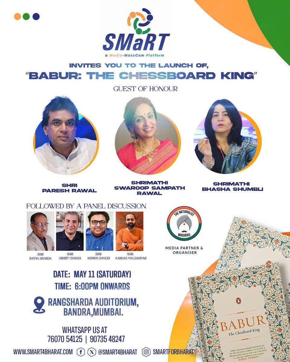 Save the date!! Friends I cordially invite you to the #Mumbai launch of, “Babur: The Chessboard King”, my new book, published by @PenguinIndia (Amazon link: amzn.in/d/fuy0YES) at the hands of @SirPareshRawal @YoSwaroop @bhashasumbli @ashwinsanghi @RatanSharda55…