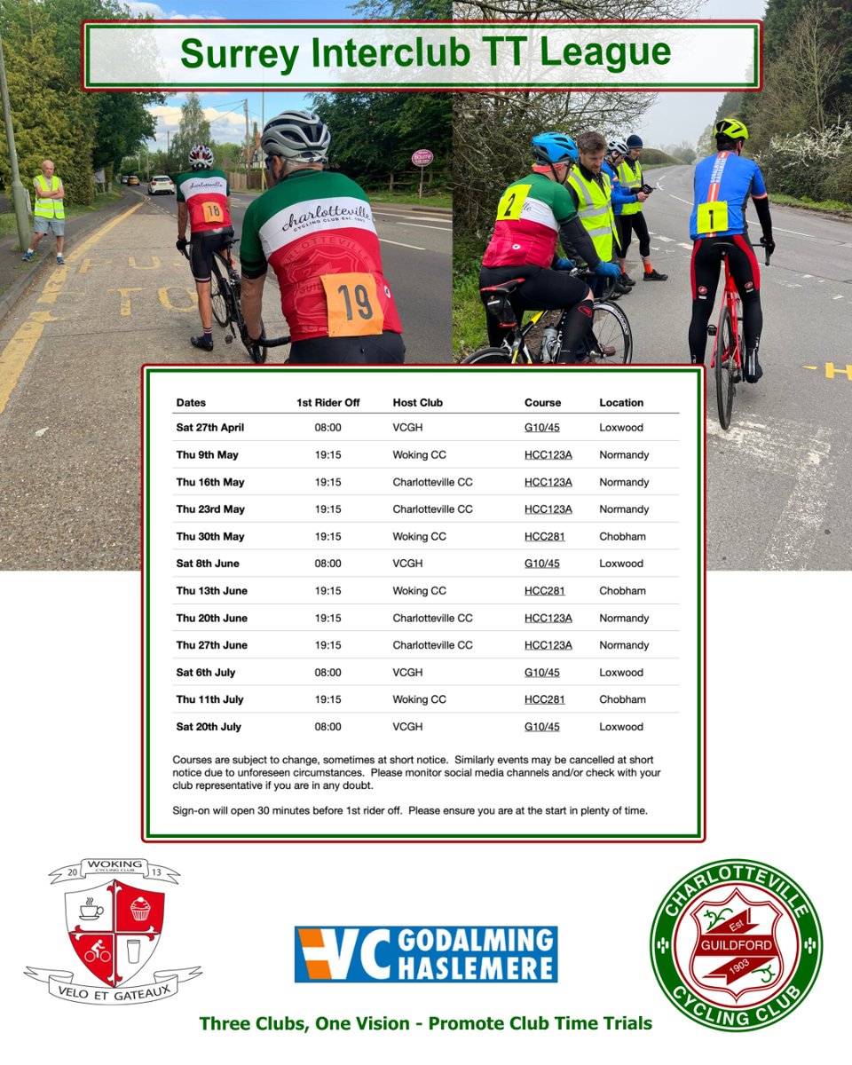 Surrey Inter-Club TT League round 2 Race HQ: What3Words: ///youth.health.successor Sign on: 18:30-18:55 First Rider off: 19:15 @ 1 min intervals Registration: webscorer.com/register?pid=1… Cost: £5 per rider Course: HCC123A Normandy @WokingCC @cyclingrascals @VCGHEvents @Cycling_T_T