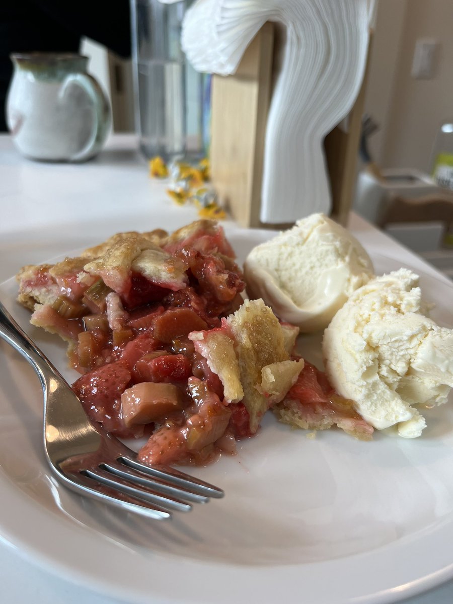 Husband made a strawberry-rhubarb pie with our friend. It is divine. Rhubarb was from the garden! Coffee mug by @ericabreerose. Simple pleasures.