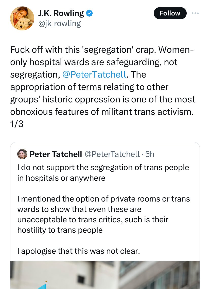 Thing is, Ms Rowling, what is being proposed about trans patients is absolutely an example of segregation. You object to this language because it shows exactly what you're about. There have been zero incidents of trans patients assaulting others; you're not 'safeguarding' anyone.