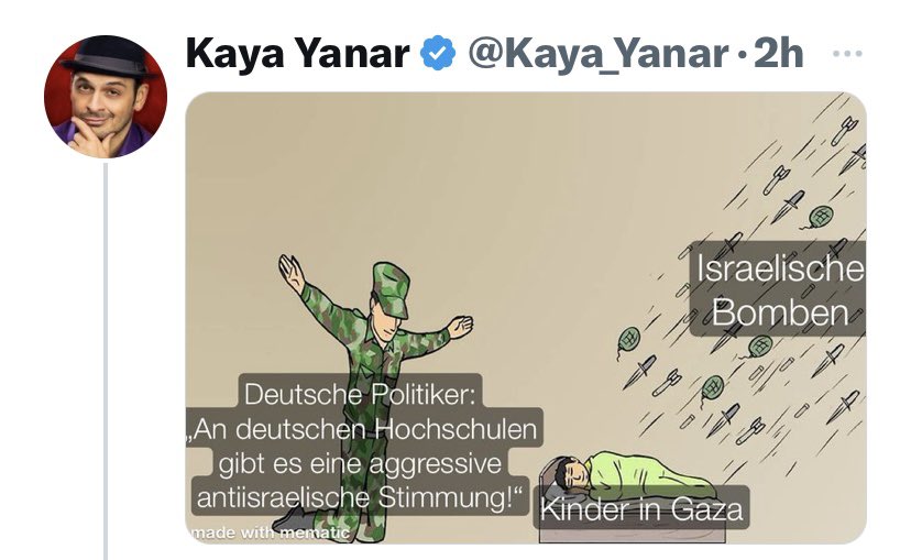 Kein Wort zur Terrorführung der Hamas in Gaza, die 1. im Jahr 2006 von den Paläst. gewählt wurde 2. am 7/10 den Krieg begonnen hat 3. 132 Geiseln festhält 4. erst heute wieder 🇮🇱 beschossen hat 5. Zivilisten als menschliche Schutzschilde missbraucht. Ist er etwa kein Antisemit?
