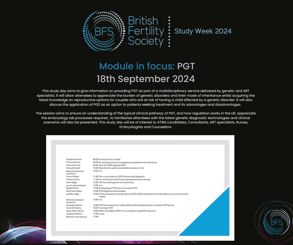 Registration for Study Week is open. Spotlight on #PGT @theAGNC @BritSocGenMed @NSHCS @theRCN @ARCScientists britishfertilitysociety.org.uk/studyweek/dele…