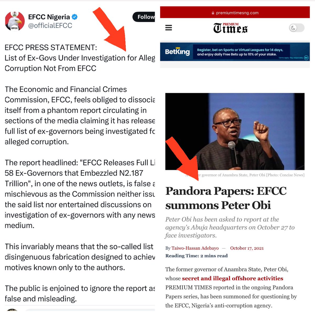 Earlier today, the Economic and Financial Crimes Commission dismissed as a tissue of lies a so-called list clearing Peter Obi of any corruption case. For the absence of doubt, the EFCC has a grand corruption investigation involving Peter Obi. 

The extent that these guys will go…