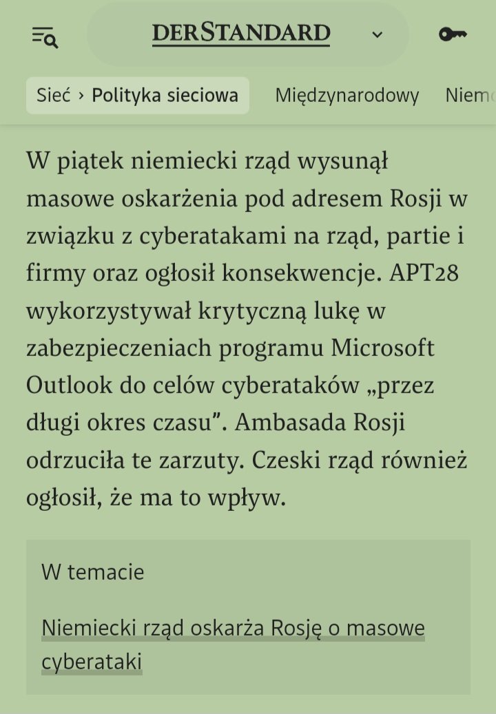 🇩🇪 Publikacja 'Der Standard' 👇
➡️ ' 🇵🇱 MSZ mówi o atakach APT28, a za nimi stoi rosyjski wywiad wojskowy. Ale żadne szczegóły nie są ujawniane.'
➡️ W piątek niemiecki rząd wysunął oskarżenia pod adresem Rosji w związku z cyberatakami na rząd, partie i firmy.
#PskowskaCPK
#SnaW