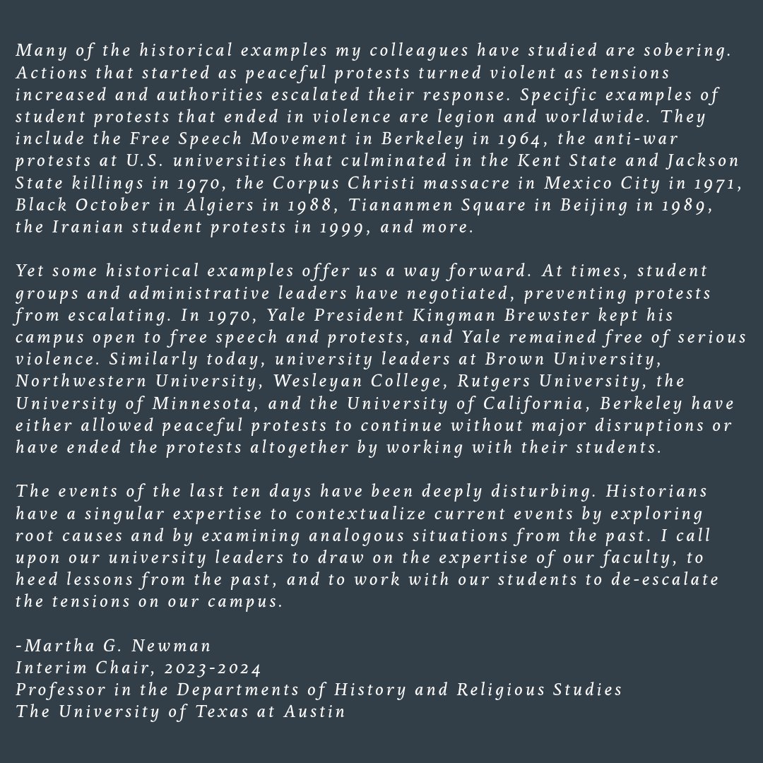 Please read and share widely: A letter from @ut_histdept Chair Dr. Martha G. Newman on 'Historical Insights for Resolving Campus Tensions' - up now at: bit.ly/4dtdsXe. @notevenpast @liberalartsut @utaustin @utaustinihs