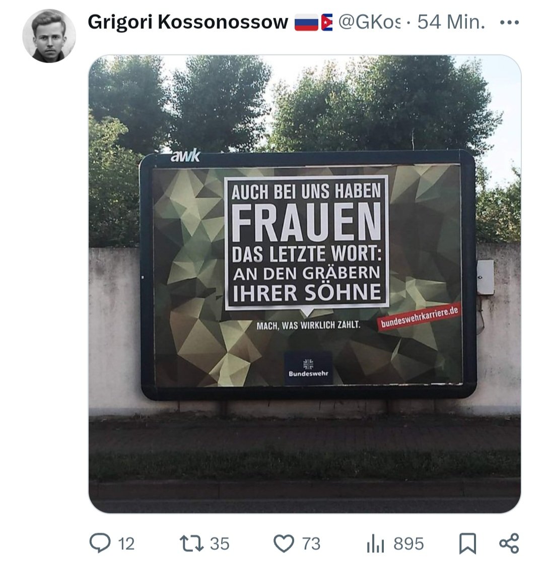 Leute, die mit der #Russland-Flagge im Profil ihre Zustimmung zu Putins Kriegsverbrecher-Regime zeigen, regen sich darüber auf, dass bei der Bundeswehr womöglich Soldaten sterben.
Man kann sich das alles nicht ausdenken.