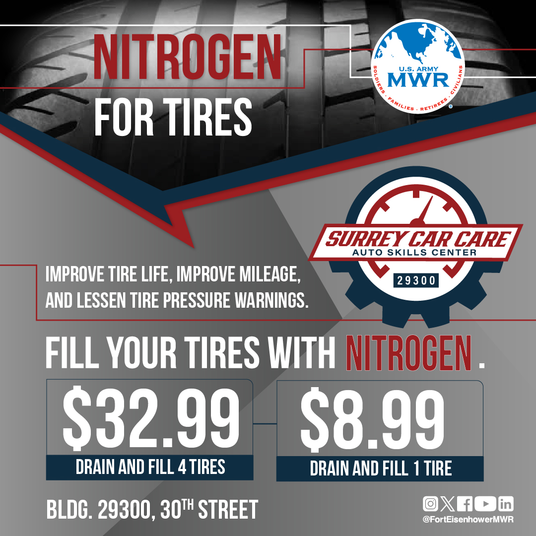 Have tires that need nitrogen? Don't forget that Surrey Car Care can help you that along with other car care needs you may have. They are open Monday - Friday from 8:30 am - 5:00 pm. Find out more: eisenhower.armymwr.com/programs/surre…

#EisenhowerMWR #SurreyCarCare #NitrogenTires