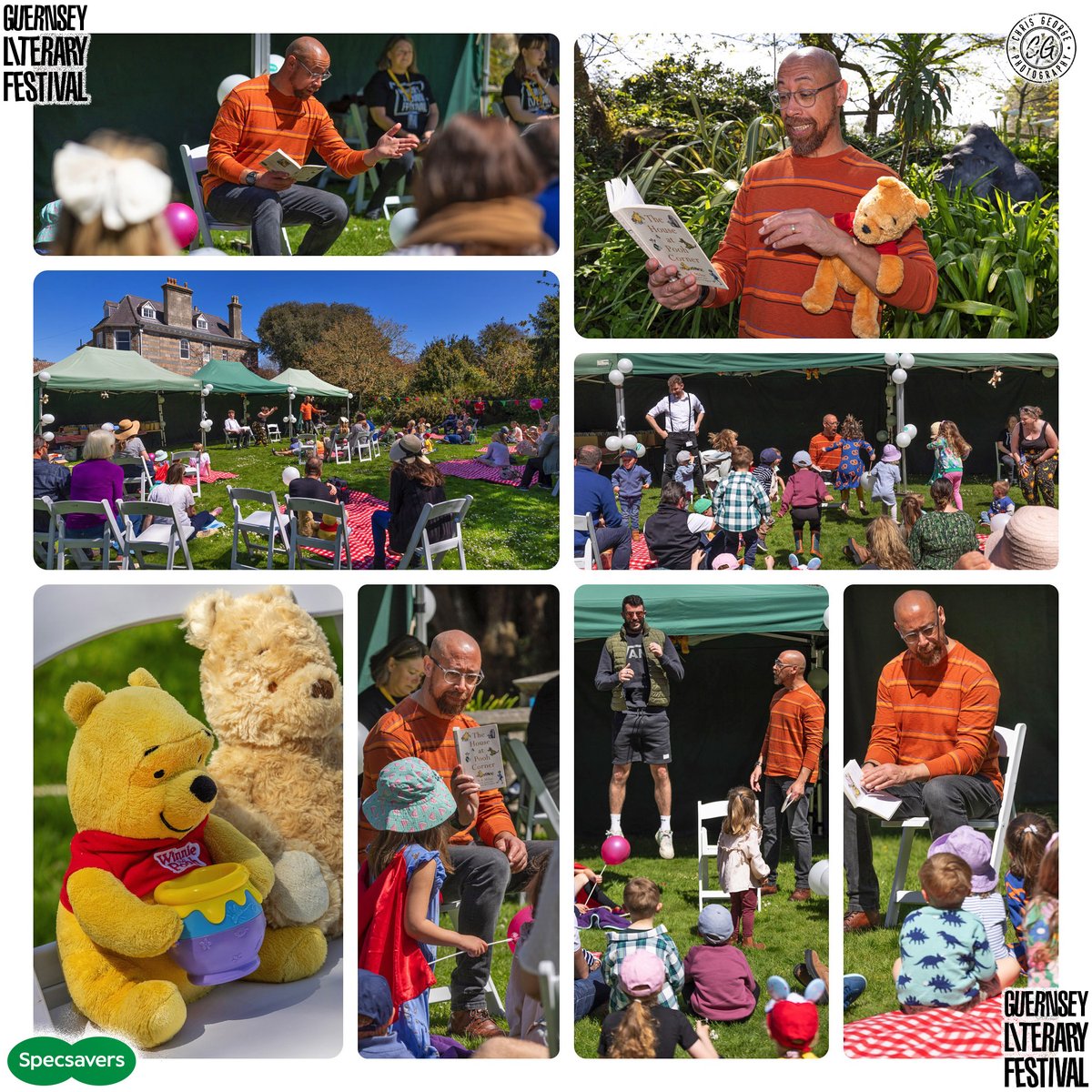 @GuernseyLitFest. This afternoon, children took part in an interactive, immersive Winnie the Pooh tea party experience, led by professional actor Andrew Hislop. The storytelling event, which took place in the gardens at Sausmarez Manor, was kindly sponsored by @Specsavers