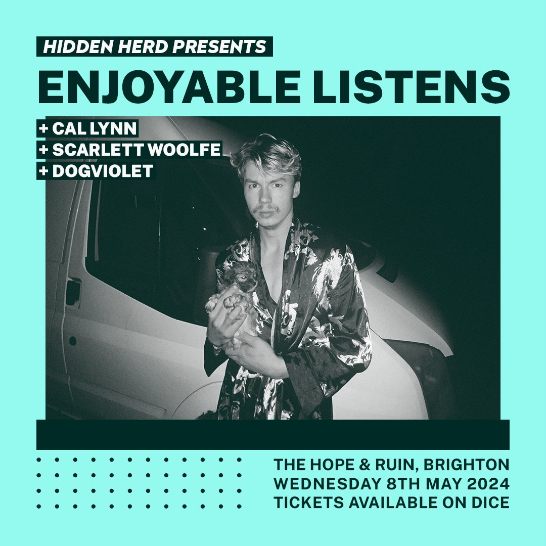 Not long now! @EnjoyableL, Cal Lynn, Scarlett Woolfe and @dogvioletband play @thehopeandruin this Wednesday 🔥 Championed by @steve_lamacq on @BBC6Music and @JohnKennedy on @RadioX, don’t miss baroque doomcrooner Enjoyable Listens. Get tickets on DICE ➡️ linktr.ee/hiddenherd