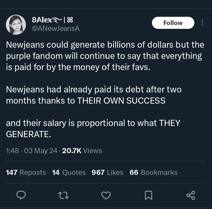 Newjeans stans genuinely think nj paid off $34 million debut fund, PLUS launch of their company, PLUS 1 year of sustaining a company with all employees.... in their first 2 months. Just because they got salaries

And you'd wonder why they gobble up everything that woman says