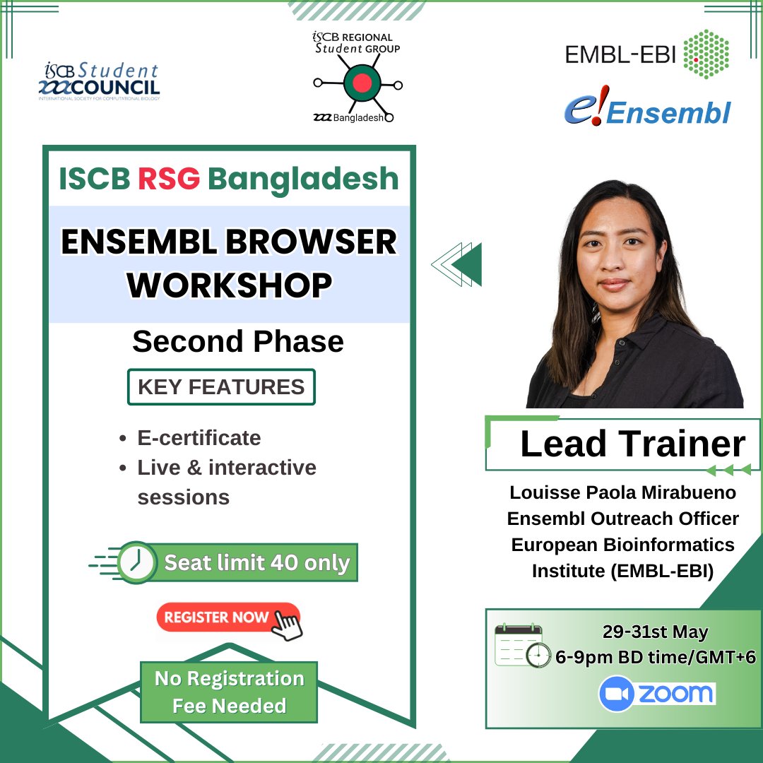 Your feedback was heard loud and clear! Get ready for the highly anticipated 2nd Phase of the ISCB RSG Bangladesh-Ensembl Browser Workshop! Register here ASAP- forms.gle/AXwFcj6kP5xLiX… @ensembl @iscbsc #Collaboration #Genomics