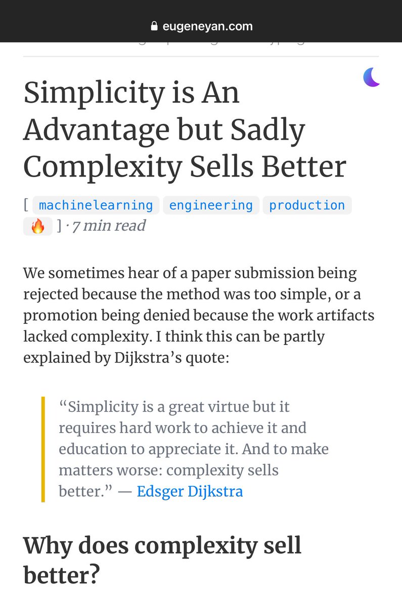 Hamel Husain (@hamelhusain) on Twitter photo Love this essay from <a href="/eugeneyan/">Eugene Yan</a>
This is especially acute for tools and infra around AI Love this essay from <a href="/eugeneyan/">Eugene Yan</a>
This is especially acute for tools and infra around AI