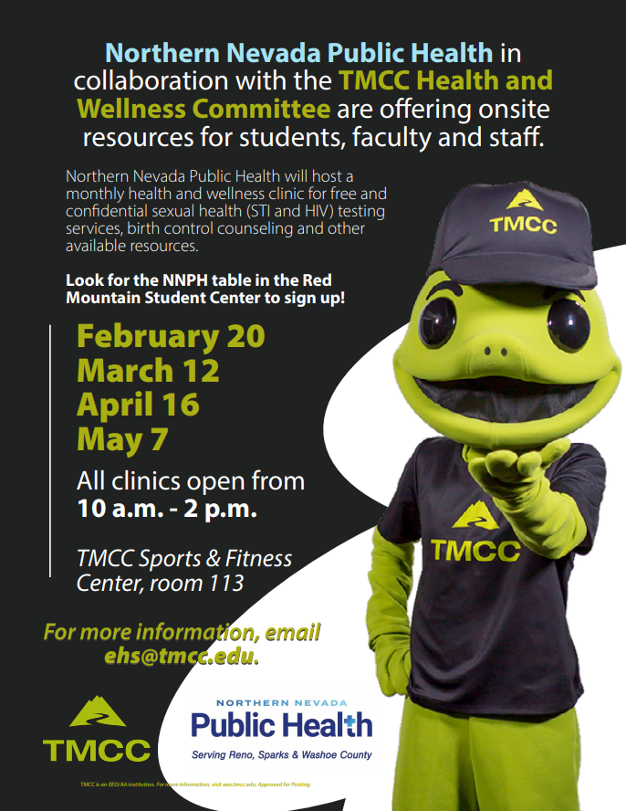 TUESDAY! We're hosting a FREE health and wellness clinic at <a href="/tmccnevada/">Truckee Meadows Community College</a> from 10 a.m. - 2 p.m. at the TMCC Sports &amp; Fitness Center, room 113.

Get confidential STI and HIV testing, birth control counseling and other resources. Email ehs@tmcc.edu for more info.