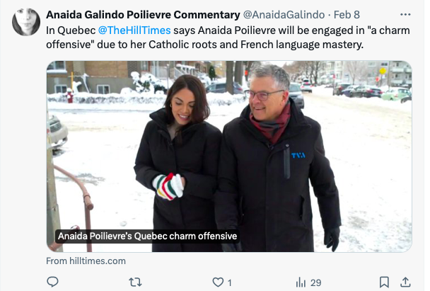 Remember when the @TheHillTimes wrote a piece about @AnaPoilievre being engaged in a 'charm offensive?'  How's this tweet by her charming in any way?  It's not, in fact it's actually quite repulsive and unseemly of the wife of the LOO.  #cdnpolitics