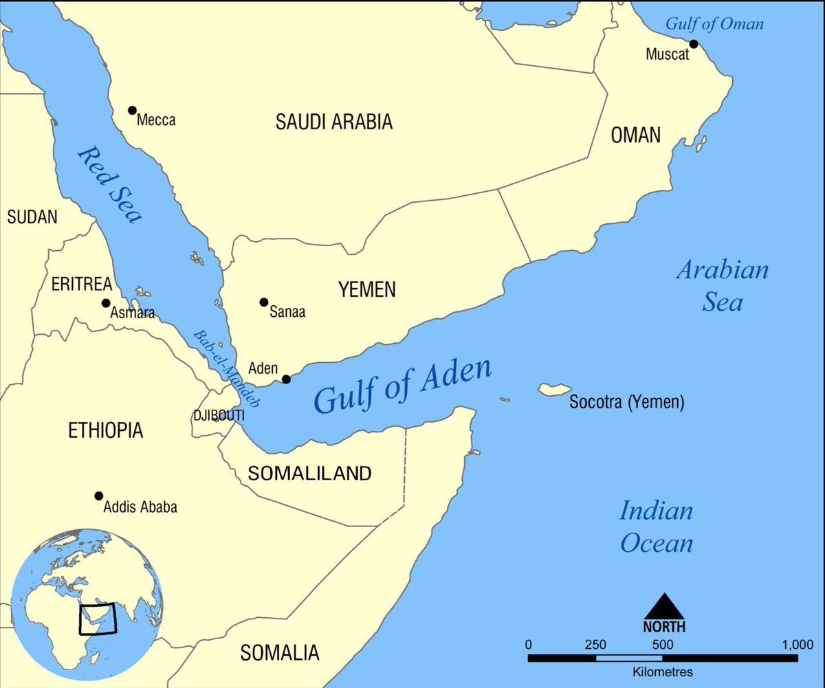 🔵 Gulf Of Aden /Gulf Of Berbera 

¶ It is a deepwater gulf between Yemen, the Arabian Sea, Djibouti, and the Guardafui Channel, Socotra (Yemen), Somaliland and Somalia.

¶ In the northwest, it connects with the Red Sea through the Bab-el-Mandeb strait, and it connects with the