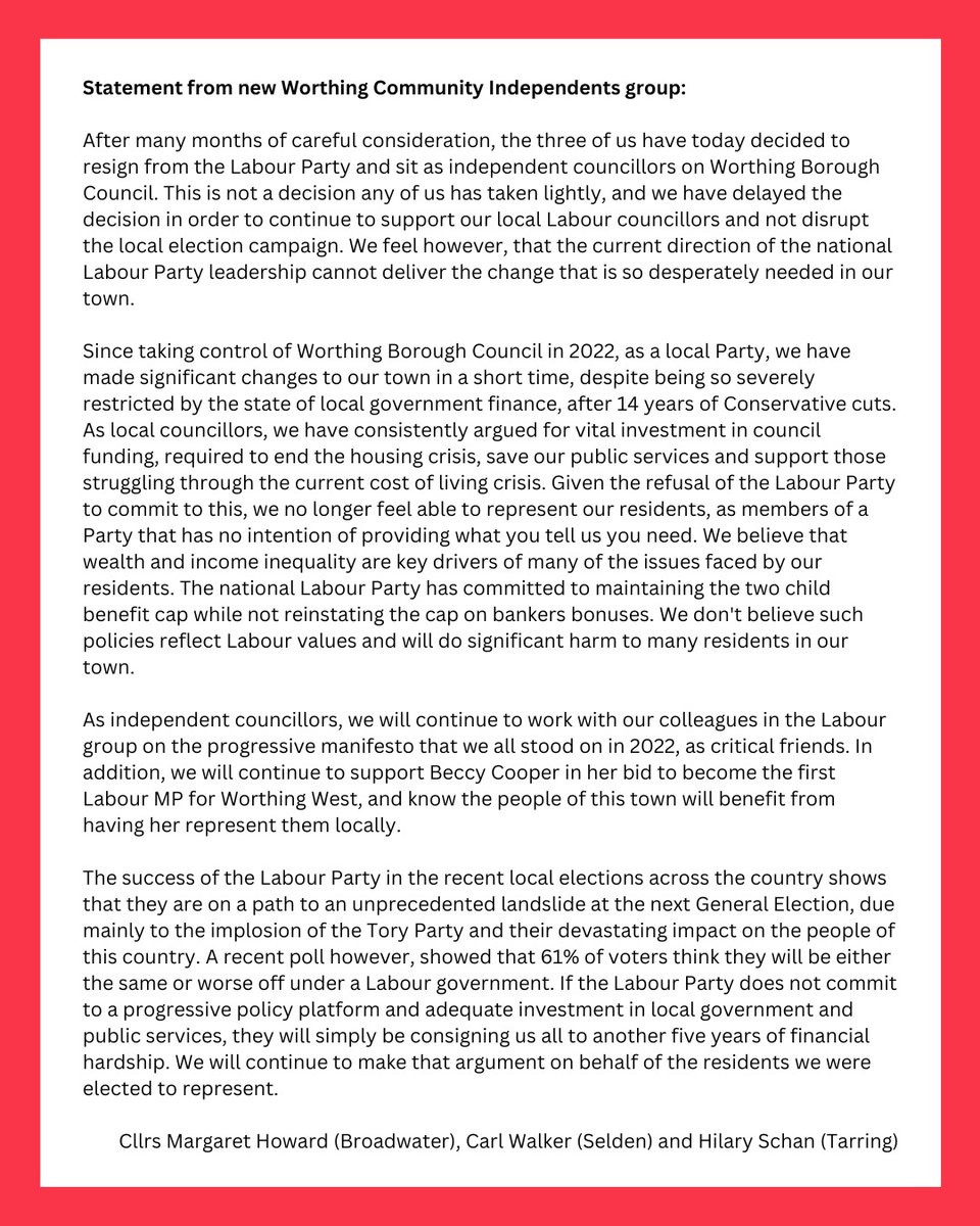 Sad to say I'm leaving the Labour Party to be an independent councillor. I’ll continue to support our excellent local Labour Councils and will do everything I can to represent those being left behind by a broken national two-party political system.