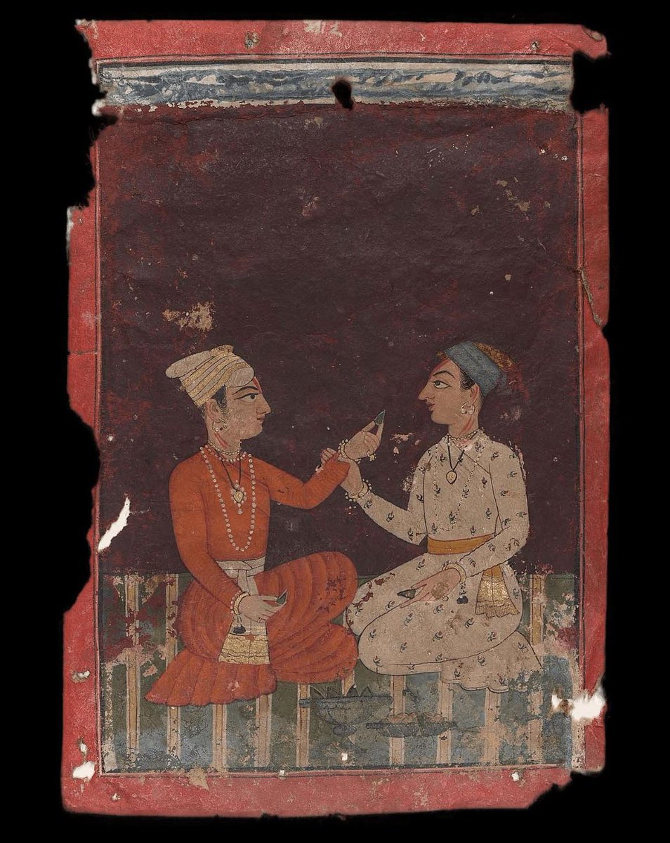 Having a Paan at Pandey's Paan at North Avenue, #NewDelhi Paan is the universal Indian after-meal mouth freshener, a digestive & helps in keeping the body cool in this searing summer heat. 'Two young men seated, one offering paan' c1700 AD #Pahari painting now at @mfaboston