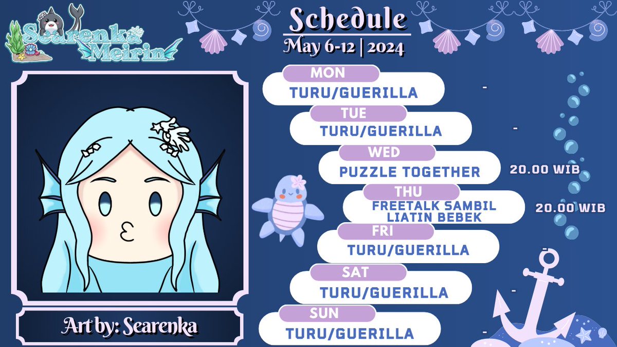 【WEEKLY SCHEDULE】
🌊 6-12 Mei 2024 🌊
Skejul mingu ini ges~

Art by:  Searenka Meirin

#VTubersUprising #VtuberID #vtuberschedule #NontoninRenka #Seartrenka