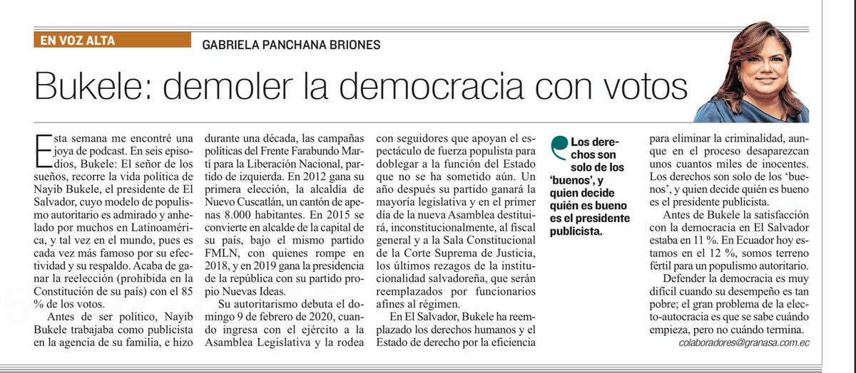 Actos de Bukele, para agregar a mi artículo: redujo el número de municipios de 267 a 44 con fines electoreros, cambió la forma de asignar diputados (redujo el número de 87 a 60 para beneficiar a su partido, que ahora tiene 54, o sea el 95% del legislativo). Ha desmantelado todas…