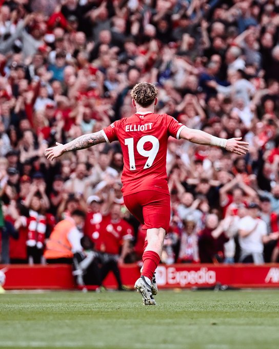 Photography of Harvey Elliott celebrating after scoring Liverpool's fourth goal against Tottenham