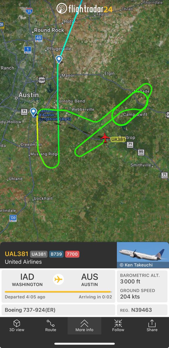 ✈️🆘↩️ Flight #UnitedAirlines #UA381 #UAL381 w/ aircraft #B739 #N39463 between IAD/Washington-Dulles 🇺🇸 and AUS/Austin 🇺🇸 has declared #emergency #squawk7700 after a go-around at AUS and is in a holding pattern before a second landing attempt