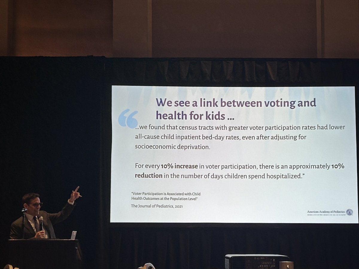 Anna Volerman, MD (@annavolerman) on Twitter photo Voting matters for health outcomes —
<a href="/AAPDelMonte/">Mark Del Monte, JD</a> highlights that in census tracts every 10% increase in voter participation is associated with 10% reduction in days children are hospitalized.
#pasm2024 Voting matters for health outcomes —
<a href="/AAPDelMonte/">Mark Del Monte, JD</a> highlights that in census tracts every 10% increase in voter participation is associated with 10% reduction in days children are hospitalized.
#pasm2024