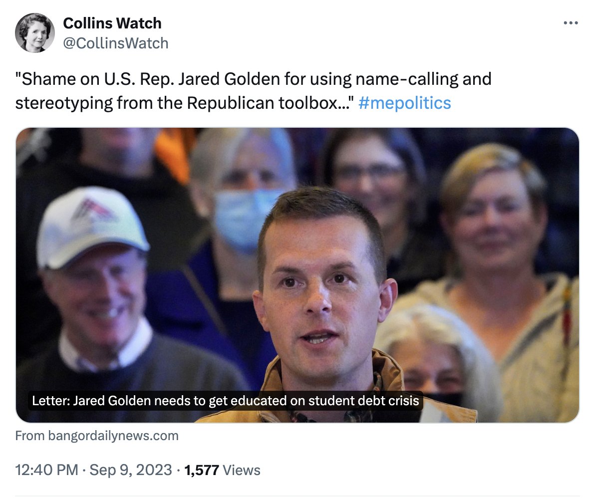 Namely: Keeping Golden in office means sending a guy to Washington who's working *against* the best things his party is up to. And by nudging the Overton window right, it also erodes election prospects of vulnerable Dems who don't adopt his 'Dems suck' posture. #mepolitics 5/X