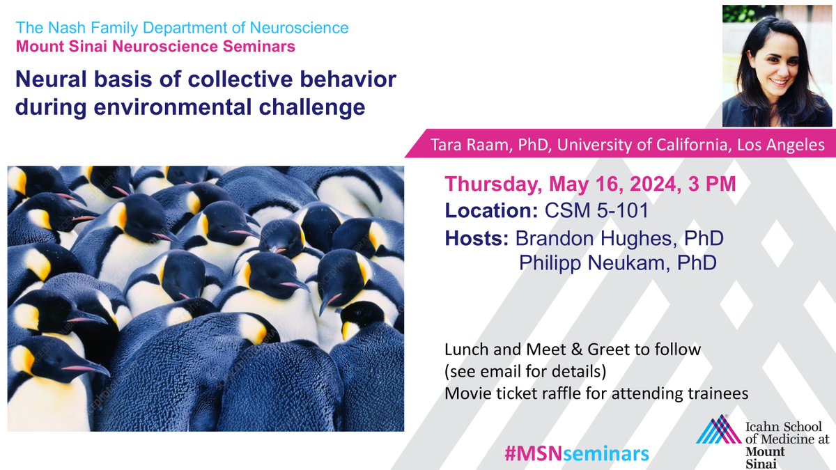 On Thurs, 5/16, JOIN #MSNseminars & hosts @BrandonHughes90 & @NeukamPhilipp when they welcome @UCLA's @TaraRaam 👉 LEARN MORE about the “Neural basis of collective behavior during environmental challenge'! #Neuroscience #BrainResearch