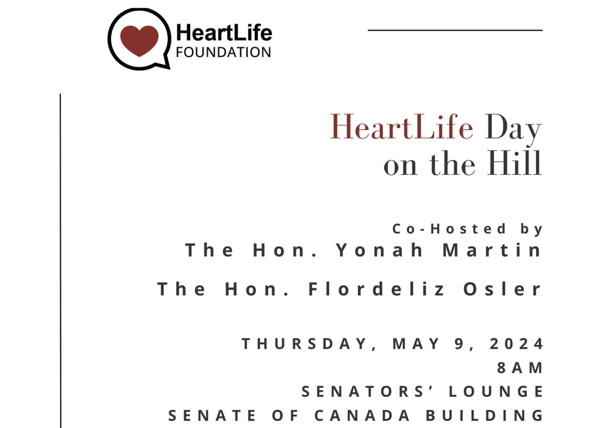 We are excited to kick off #HeartFailureAwarenessWeek! 🎉 HeartLife Foundation is heading to the hill this Thursday, May 9th, to meet with Hon. Yonah Martin and Hon. Flordeliz Osler. We're presenting our framework to help enhance cardiovascular care nationwide.
#ItsAboutLife