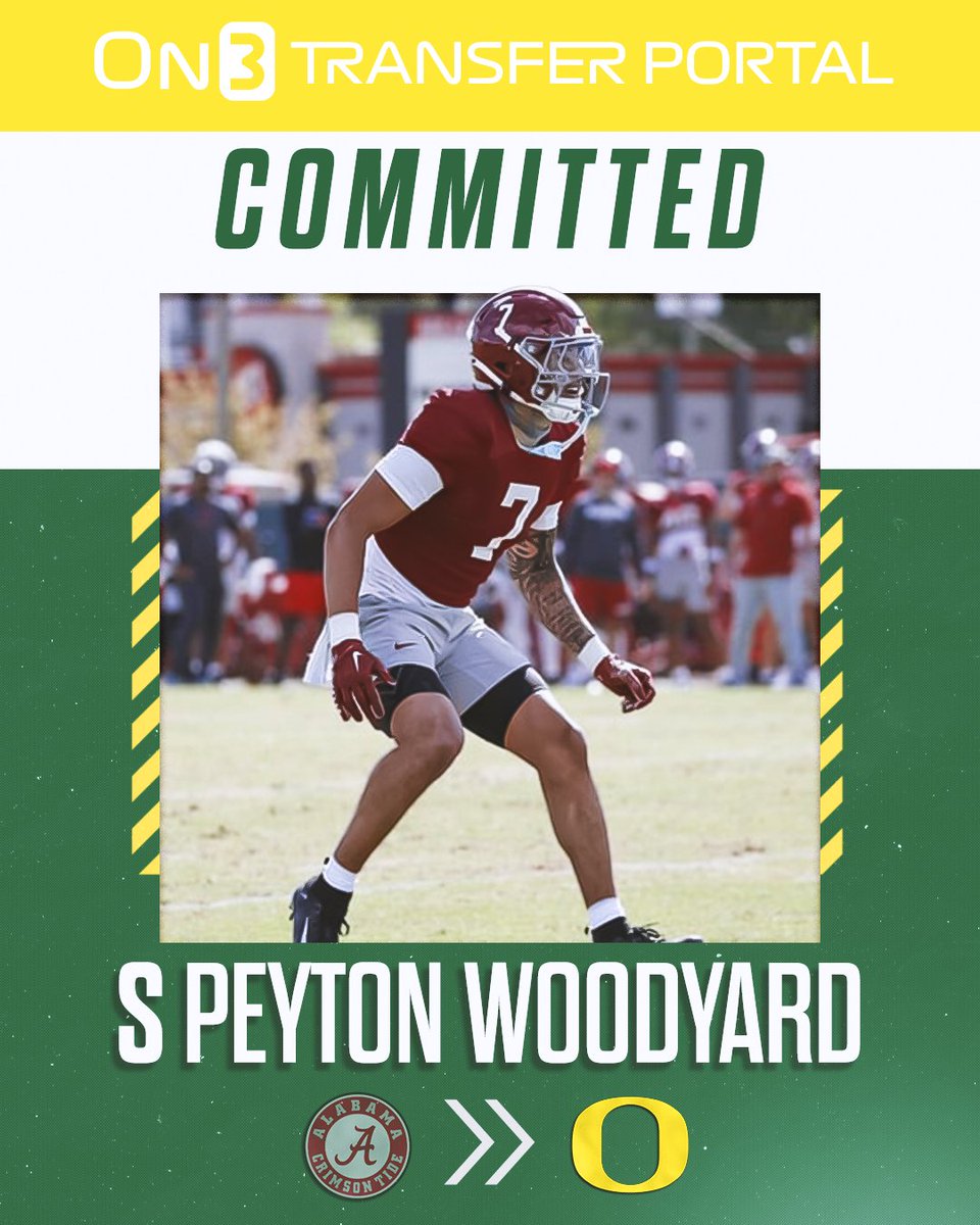 BREAKING: Alabama early enrollee transfer DB Peyton Woodyard has committed to Oregon, per @Hayesfawcett3🦆 on3.com/college/oregon…