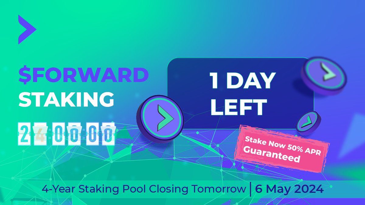 Only 1 day left to stake before the pool closes. ⏳ Our 4-year staking pool is closing tomorrow, 6 May! Last chance to secure a 50% APR on your tokens. 💰 Stake NOW: app.forwardprotocol.io/#/staking 🔖 Staking is a smart way to put your $FORWARD to work and grow your holdings over…