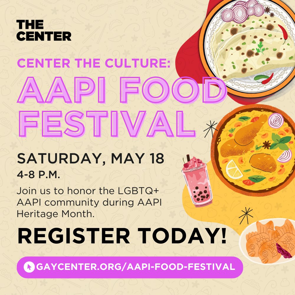 Welcome to our Center The Culture: AAPI Food Festival, a captivating feast for the senses that will transport you on an unforgettable journey through the culinary traditions of the LGBTQ+ AAPI community. 

🗓️ Saturday, May 18
🕓 4-8 p.m.

RSVP today: gaycenter.org/aapi-food-fest…