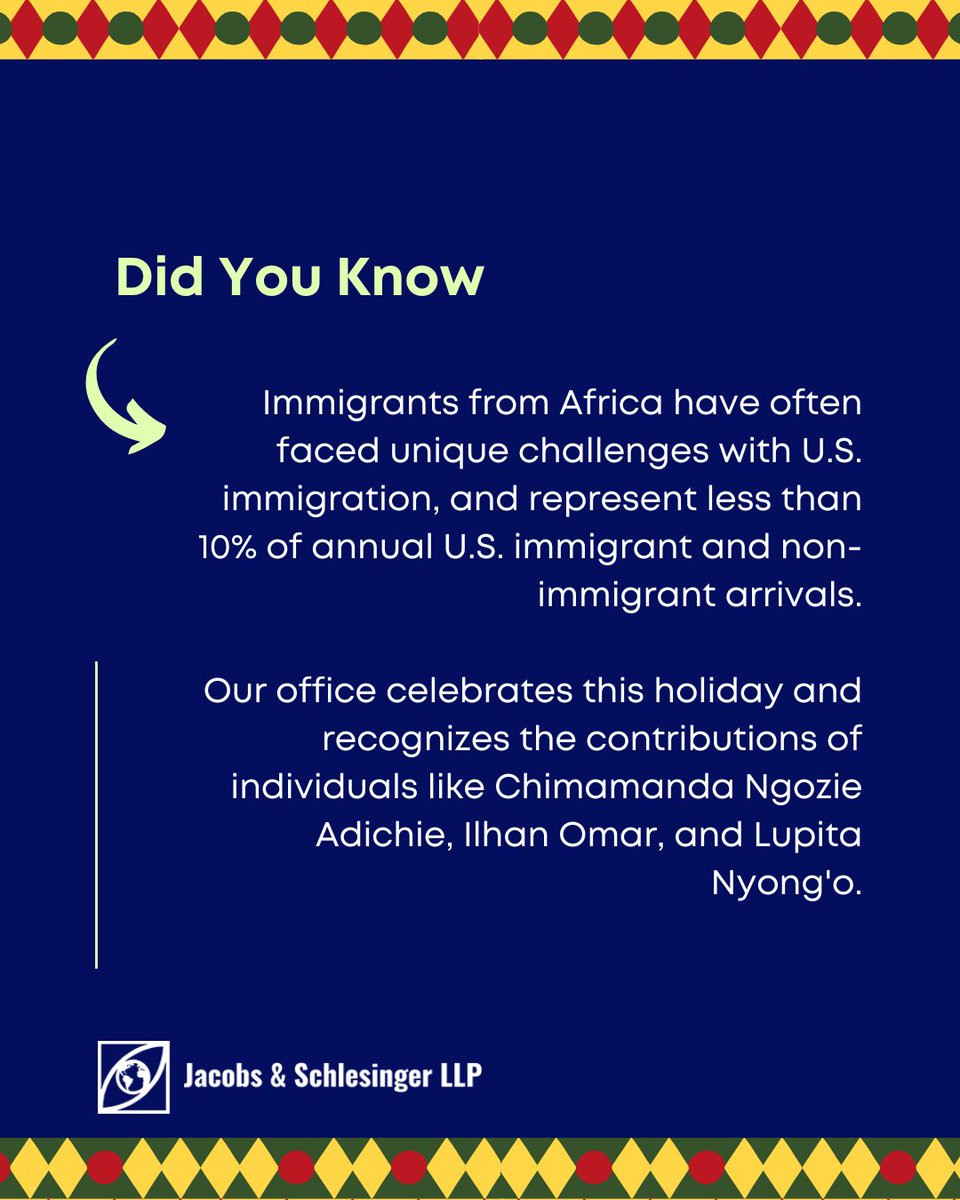 🌍 Celebrating African Immigrant Heritage! 🎉 Join us in honoring the contributions of individuals like Chimamanda Ngozie Adichie, Ilhan Omar, and Lupita Nyong'o. 

#JacobsSchlesingerLLP  #ImmigrationLaw #africanheritageday #afracianheritageworldday #africanday #JSSLegal