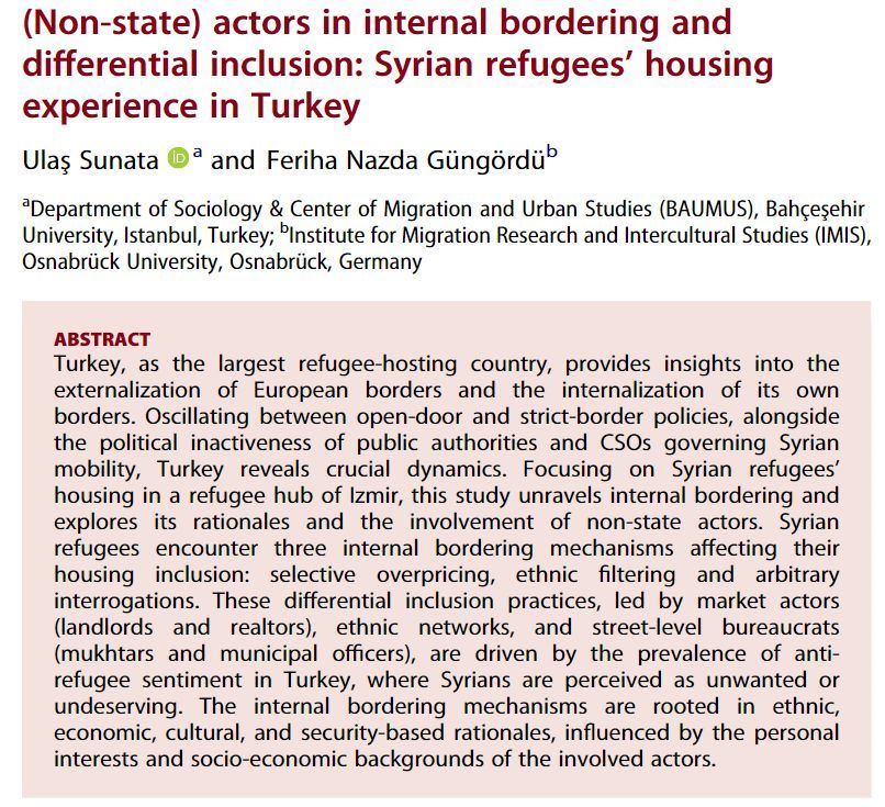 #ERSNew🐣 

Exploring Turkey’s complex refugee landscape: Focusing on Housing, @UlasSunata and @GungorduNazda identify internal bordering mechanisms. Non-state actors play a pivotal role. #DifferentialInclusion #Syrians #Refugees.

(Part of the SI: Mapping the Internal Border)