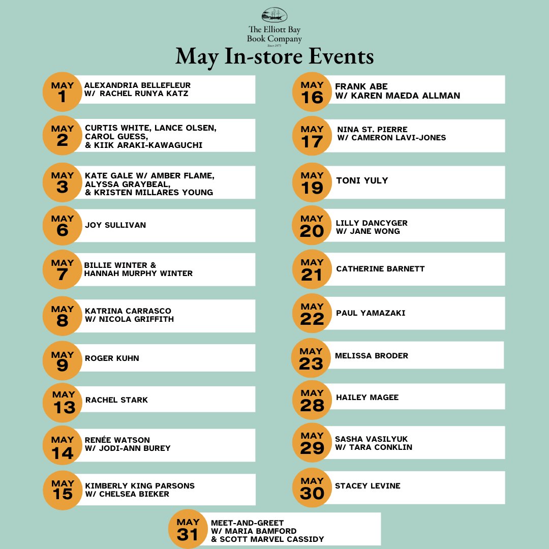 Check out all the events coming to the store this May!⁠
⁠
Whether you're wanting to meet your favorite author or are wanting to find something different to do, our events are a great way to do both.⁠

⁠#EBBCOevents #authorreading #seattleactivities #indiebookstore