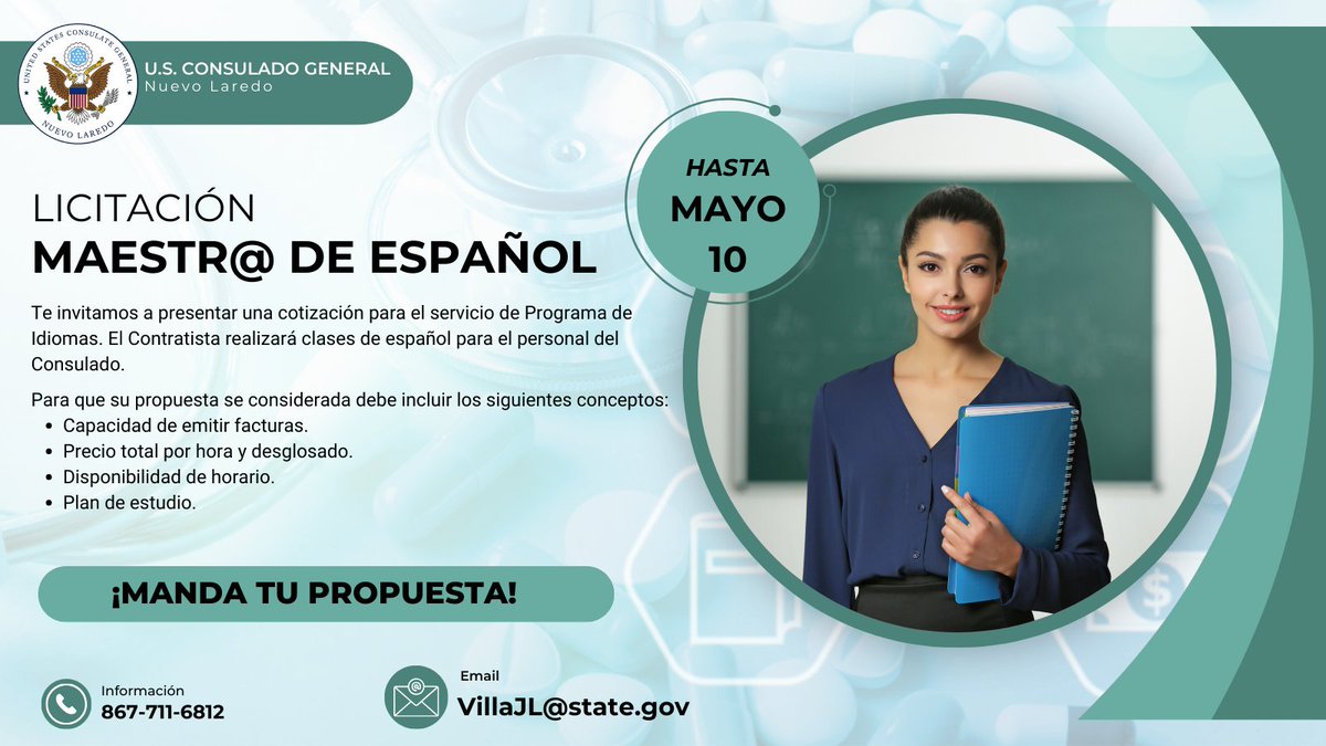 ¡ATENCIÓN MAESTR@S DE ESPAÑOL! Estamos solicitando propuestas para el programa de idiomas del Consulado. Manda tu coización antes del 10 de mayo. Más información aquí: ow.ly/gM3z50RsNOu