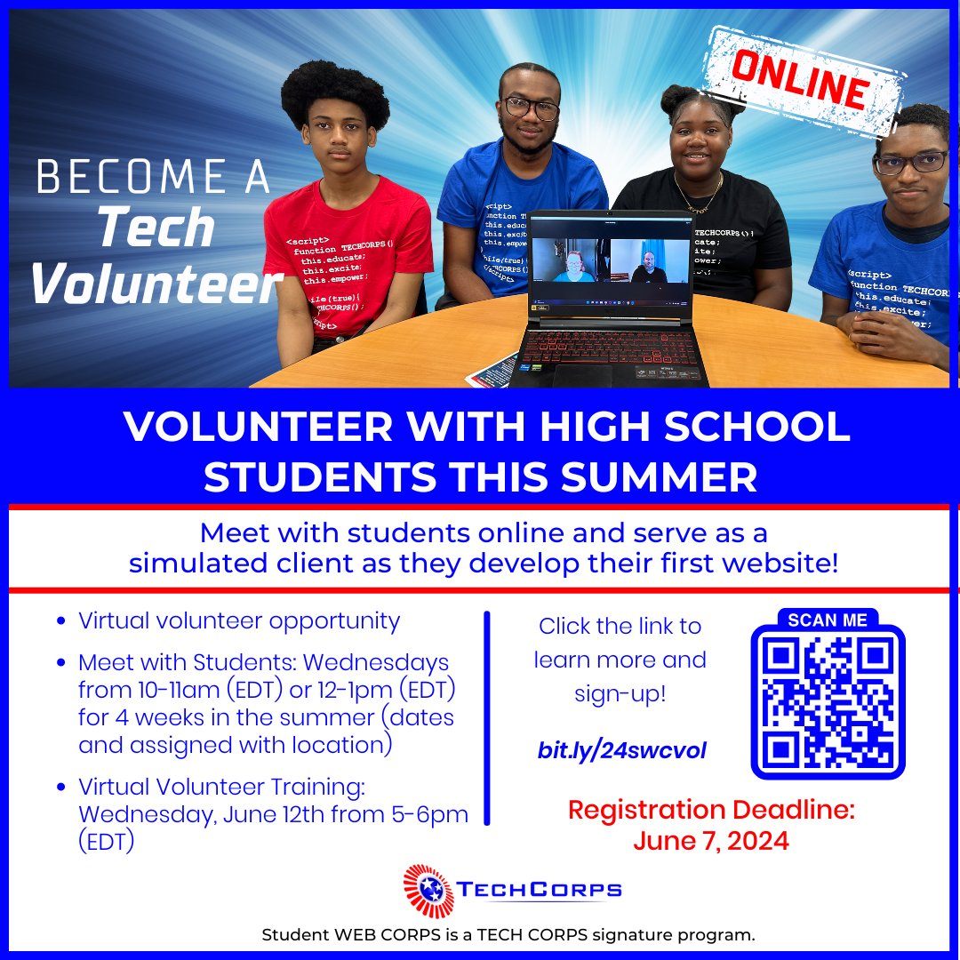 We're looking for 50+ tech volunteers to work with our high school students this summer. You'll be the simulated client while students develop a website. Volunteer 5 hours to provide constructive feedback and encouragement. Sign up at bit.ly/24swcvol #volunteer #wbl