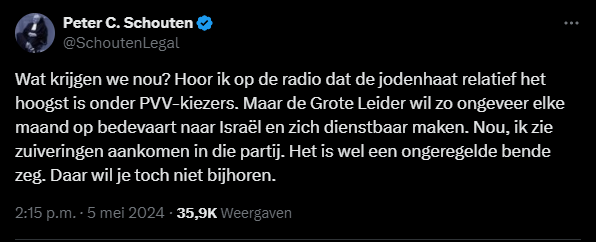 Reuze interessant natuurlijk en als het op de radio is dan is het uiteraard waar. Maar uit de reacties blijkt dat meneer Schouten geen bron voor zijn beweringen wil geven. Dat moet u zelf maar uitzoeken, aldus Schouten. Best een eigenaardige manier van handelen voor een advocaat.