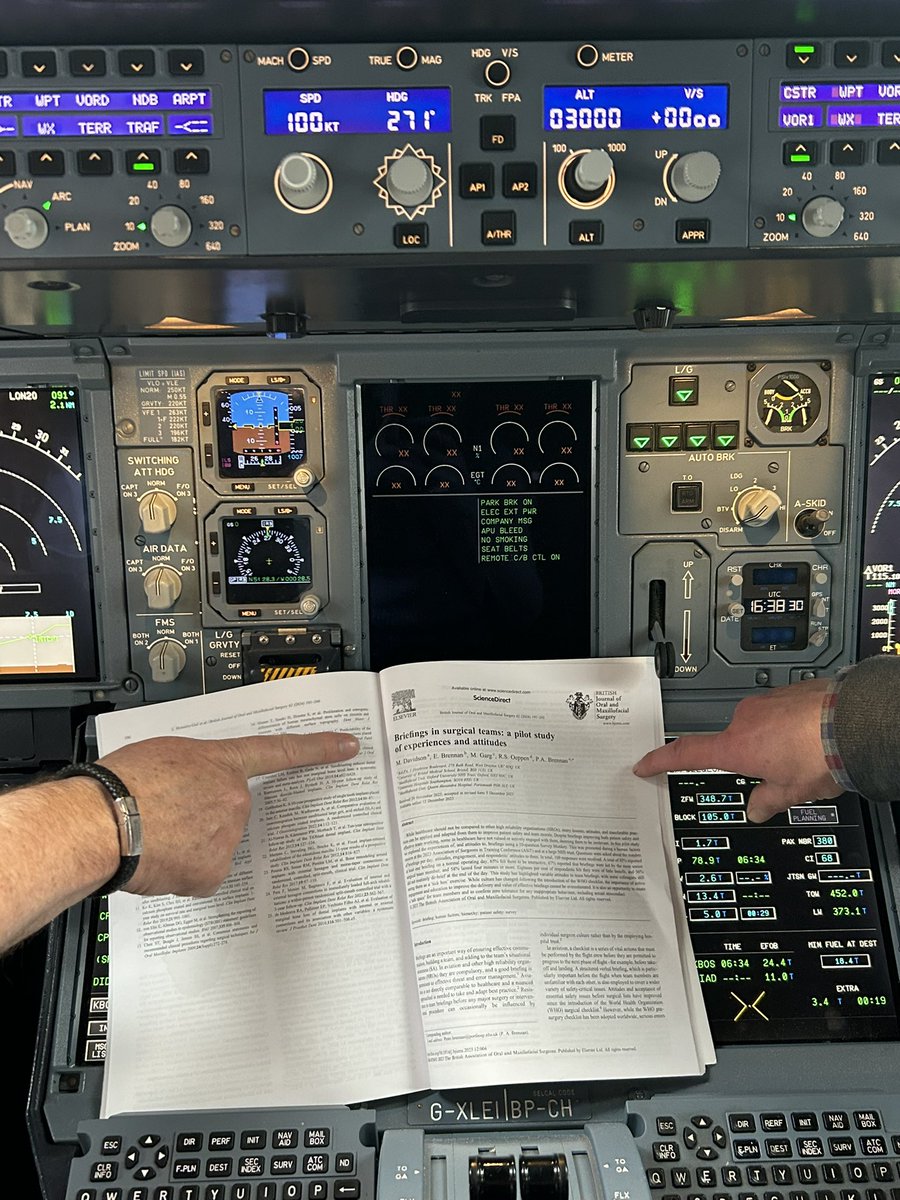 Great to be on A380 flight deck with Mike, co-author of a recent briefings study Was going to Boston for 24 hrs but sadly BA213 now cancelled due to technical issues 😔 We always advocate engaging with briefings/checklists as if own life/limb depends on it as with flight today