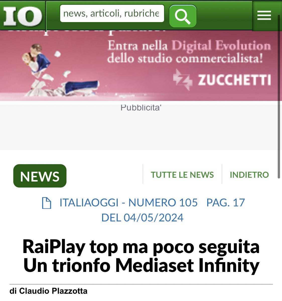 Anche Italiaoggi (stranamente) se ne é accorta,  visto che sono uno dei pochi forse l’unico che ogni settimana sottolinea i risultatti record di #MediasetInfinity con oltre 190 milioni di  stream settimanali, flop raiplay!! 

#Ascoltitv
